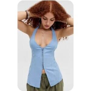 S Urban Outfitters Chambry Blue Corset Halter Top NWT Linen Blend
